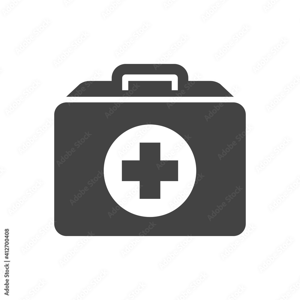 First aid kit with cross bold black silhouette icon isolated on white. Medical case. First aid kit with cross bold black silhouette icon isolated on white. Medical case.
