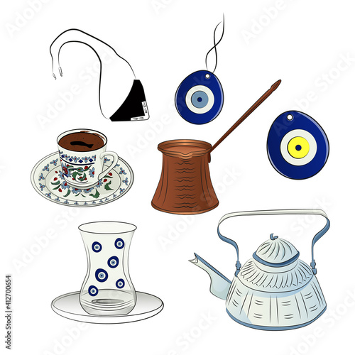 Illustration of traditional Turkish coffee on a white background. Set of vector illustrations