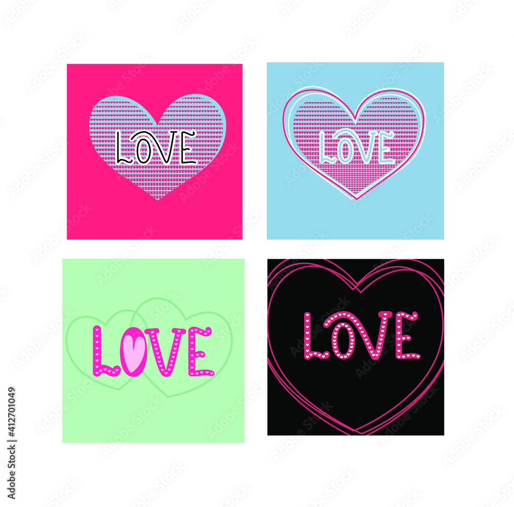 Set of Valentine's Day cards with the  word love decorated with hearts on colored background. Four posters with lettering.