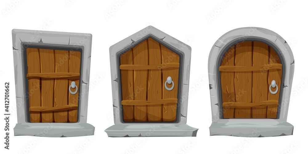 Set wood doors with stone decoration, arch in cartoon style isolated on  white background. Fairy, mystery closed entrance, mediaeval element assets  for ui games design. Stock Vector | Adobe Stock