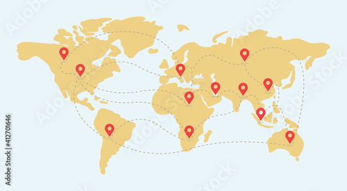 Earth map with location point marks vector flat illustration. World wide shipping, delivery, location, GPS navigation concept. Traveling around the world, map with continents design element.