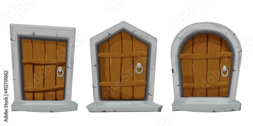 Set wood doors with stone decoration, arch in cartoon style isolated on white background. Fairy, mystery closed entrance, mediaeval element assets for ui games design.