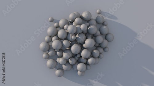Gray textured bubbles. Gray background, hard light. Abstract illustration, 3d render.