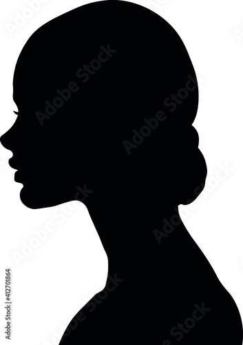 White woman, Western European woman portrait profile picture from the side with shoulders long hair. Isolated realistic silhouette, shadow picture