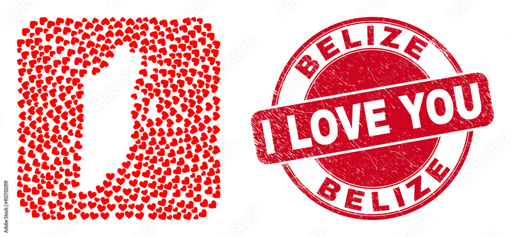 Vector mosaic Belize map of love heart items and grunge love seal. Mosaic geographic Belize map created as stencil from rounded square shape using love hearts. Vector mosaic Belize map of love heart items and grunge love seal. Mosaic geographic Belize map created as stencil from rounded square shape using love hearts.