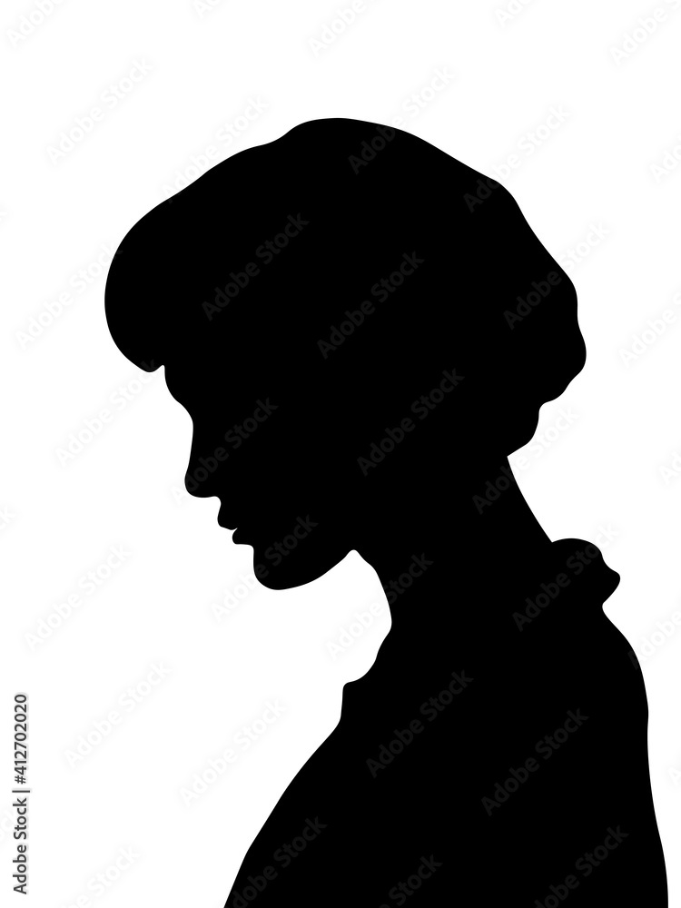 White woman, Western European woman portrait profile picture from the side with shoulders short hair, shoulder length hair. Isolated realistic silhouette, shadow picture