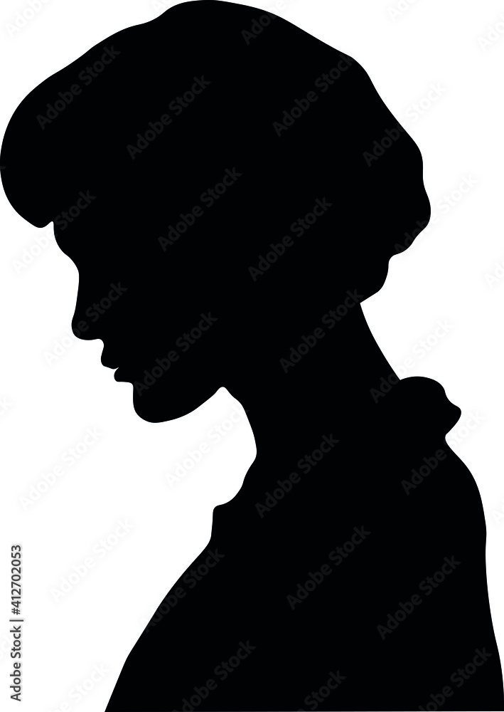 White woman, Western European woman portrait profile picture from the side with shoulders short hair, shoulder length hair. Isolated realistic silhouette, shadow picture