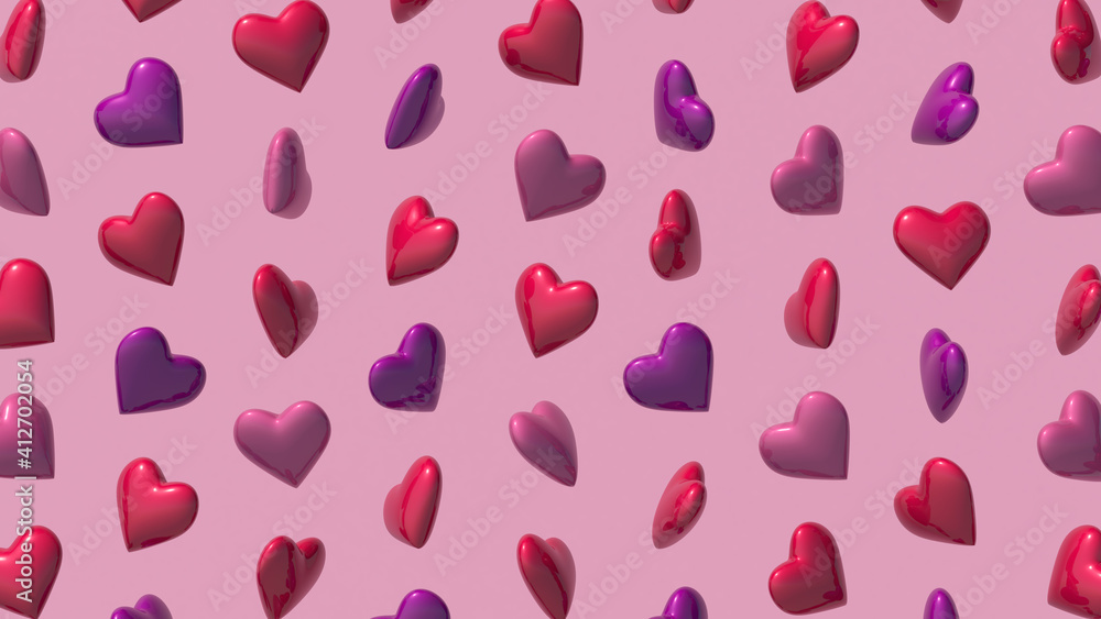 Heart shapes pattern on pink background. Abstract illustration, 3d render.