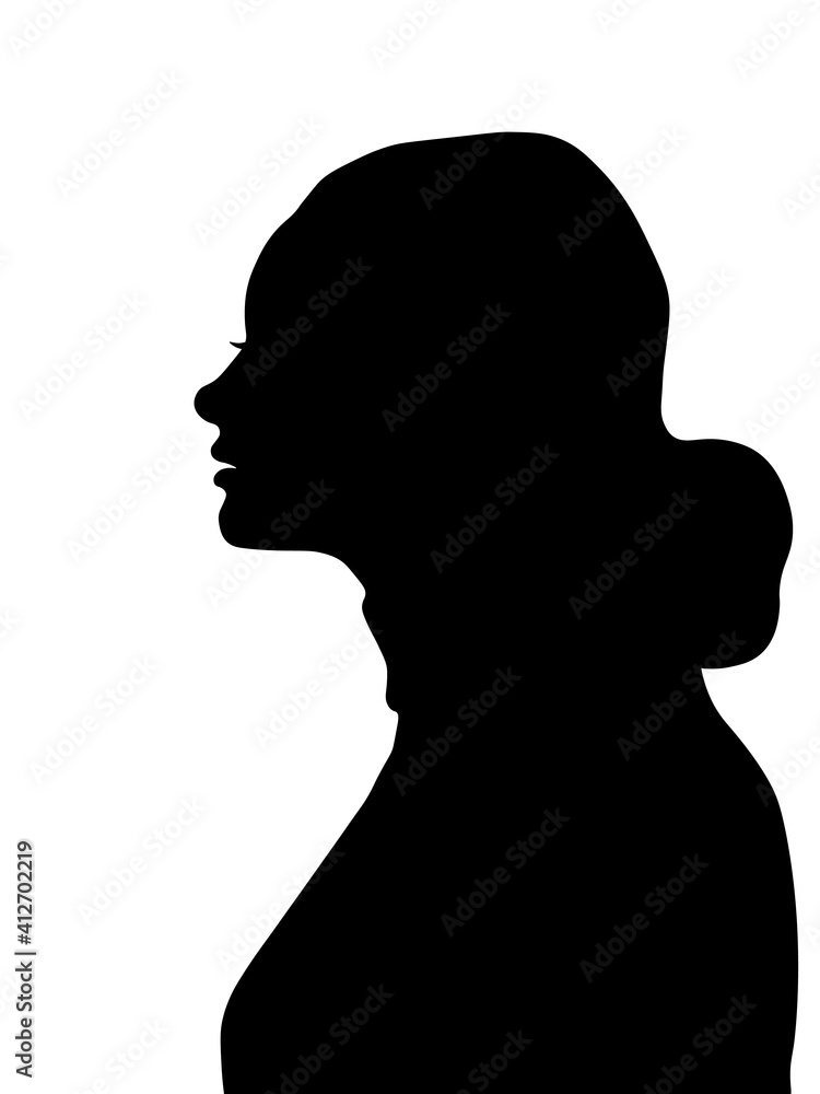White woman, Western European woman portrait profile picture from the side with shoulders long hair. Isolated realistic silhouette, shadow picture