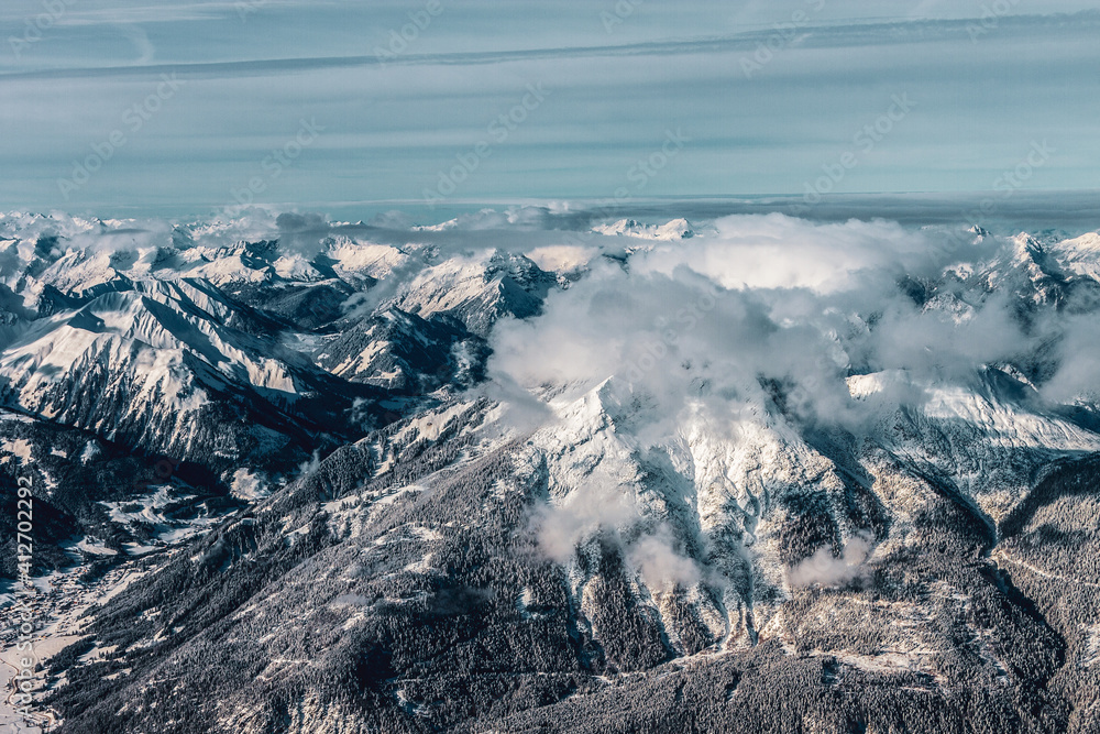 Mountain panorama from the viewing platform on the Zugspitze. German and Austrian ski areas.