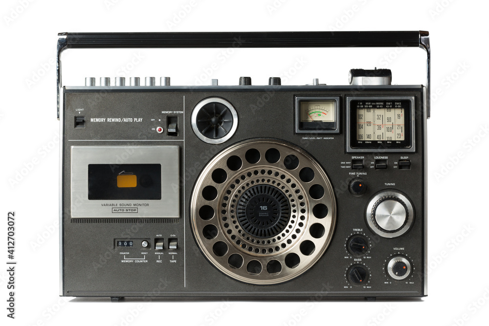 Vintage retro radio cassette recorder isolated on white background