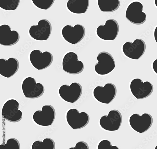 Endless seamless monochrome pattern of hearts of different directions. Black and white anaglyph vector hearts. Wallpaper for wrapping paper.
