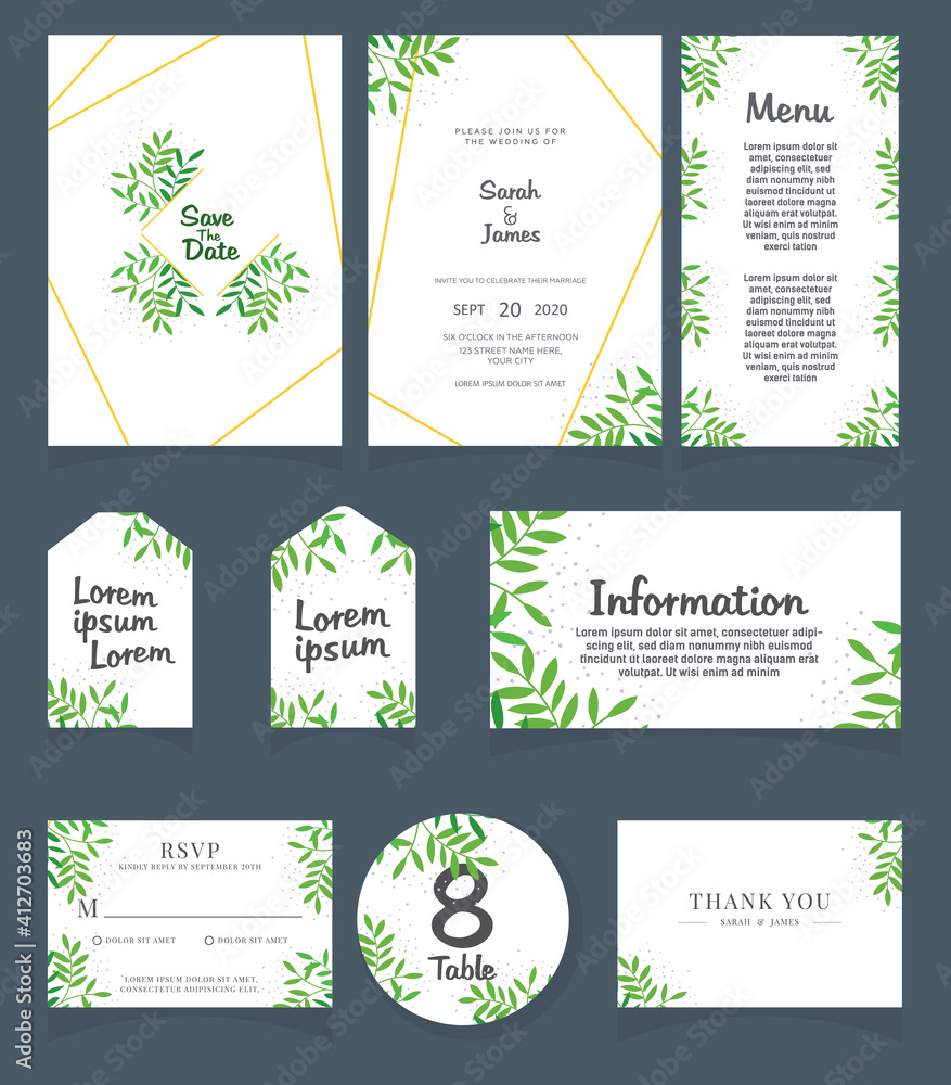 Set of Wedding invitation Vector illustration. card template. Wedding invitation, thank you, save the date, menu, information, RSVP, label, table number and place card design.