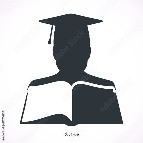 The logo on the topic of education. Graduate in gown  graduation cap and booc. black flat style vector illustration icon. photo