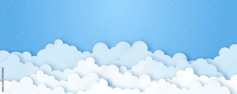 Naklejka Chmury na sztandarze błękitnego nieba. Biała chmura na błękitnym niebie w stylu cięcia papieru. Chmury na przezroczystym tle. Chmury papieru wektor. Biała chmura na projekt cięcia papieru błękitne niebo. Ilustracja wektorowa sztuki papieru