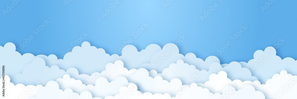 Clouds on blue sky banner. White cloud on blue sky in paper cut style. Clouds on transparent background. Vector paper clouds.White Cloud on blue sky paper cut design. Vector paper art illustration