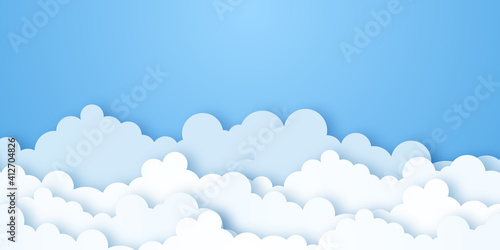 Clouds on blue sky banner. White cloud on blue sky in paper cut style. Clouds on transparent background. Vector paper clouds.White Cloud on blue sky paper cut design. Vector paper art illustration