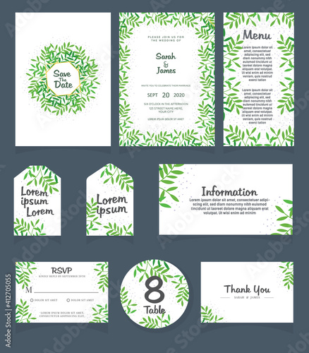 Set of Wedding invitation Vector illustration. card template. Wedding invitation  thank you  save the date  menu  information  RSVP  label  table number and place card design.