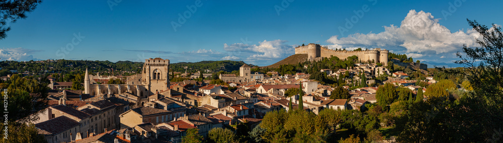 Panorama view of Villeneuve-lès-Avignon and Fort Saint-Andre on the hill,  France.
