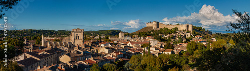 Panorama view of Villeneuve-lès-Avignon and Fort Saint-Andre on the hill, France.