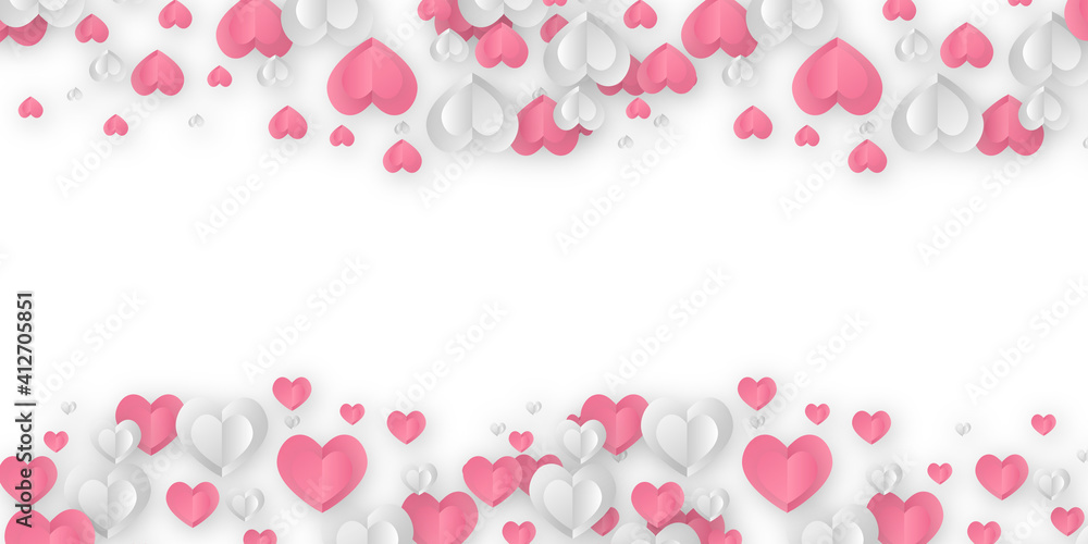 Horizontal banner with paper cut clouds and flying hearts in blue sky, papercut craft art. Red, pink and white flying hearts. Happy Valentines day sale concept, voucher template. White background