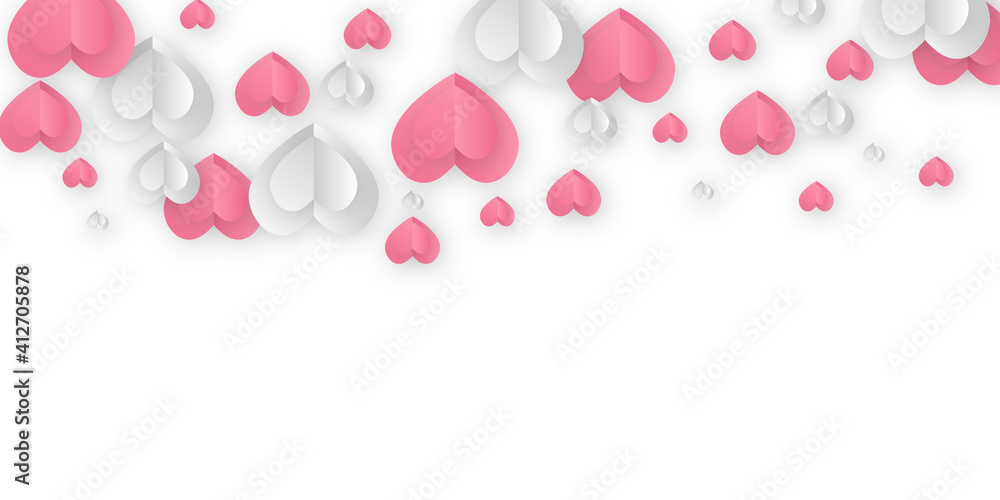 Horizontal banner with paper cut clouds and flying hearts in blue sky, papercut craft art. Red, pink and white flying hearts. Happy Valentines day sale concept, voucher template. White background