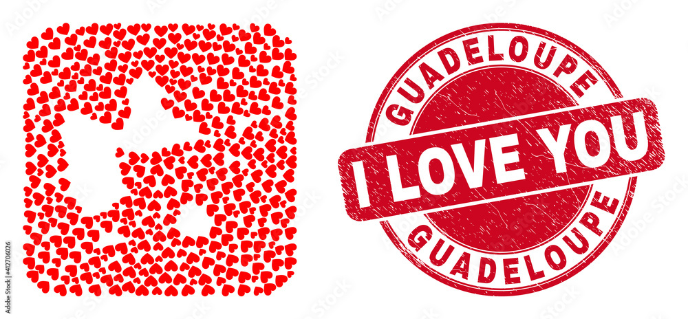 Vector mosaic Guadeloupe map of love heart items and grunge love stamp. Mosaic geographic Guadeloupe map created as stencil from rounded square with lovely hearts. Vector mosaic Guadeloupe map of love heart items and grunge love stamp. Mosaic geographic Guadeloupe map created as stencil from rounded square with lovely hearts.