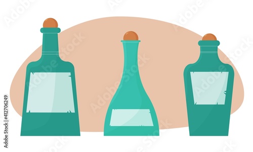 Three bottle set vector illustration, flask trio, bottlewith label