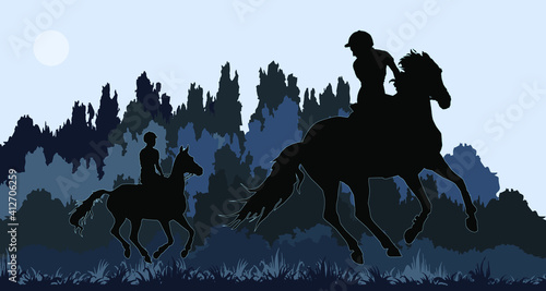 girl rides horse in field, on grass, isolated image, black isolated silhouette on orange background, forest, clouds.	