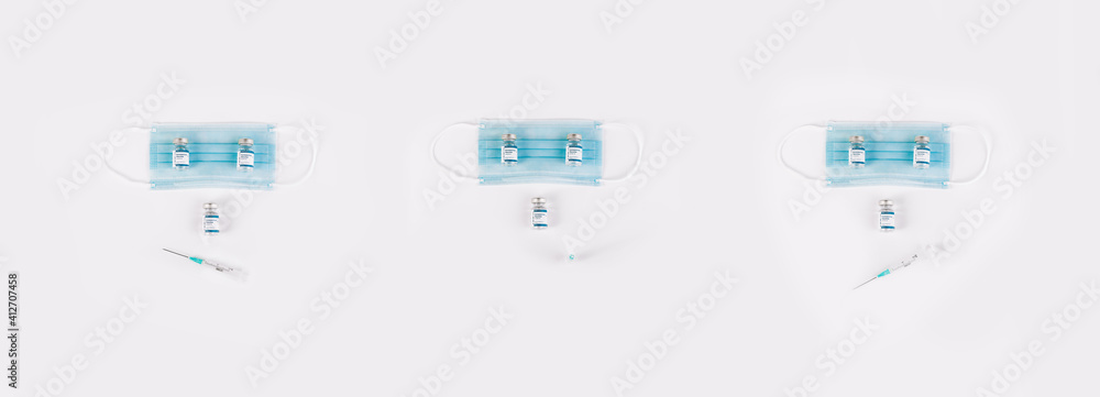 Zenith composition of three photos of Vaccine vials , mask and syringe. Happy medical concept Zenith composition of three photos of Vaccine vials , mask and syringe. Happy medical concept