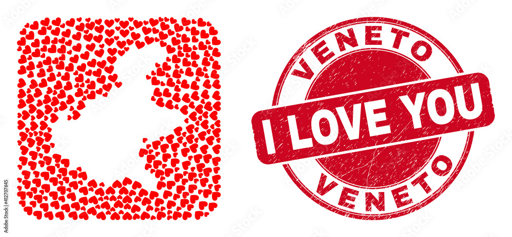 Vector mosaic Veneto region map of love heart elements and grunge love seal. Mosaic geographic Veneto region map created as stencil from rounded square with love hearts. Vector mosaic Veneto region map of love heart elements and grunge love seal. Mosaic geographic Veneto region map created as stencil from rounded square with love hearts.