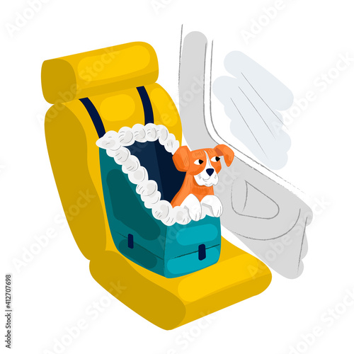 Vector isometric illustration small dog sitting in car auto seat, bag, with holding harness. Concept special holding device for safe transport pets.