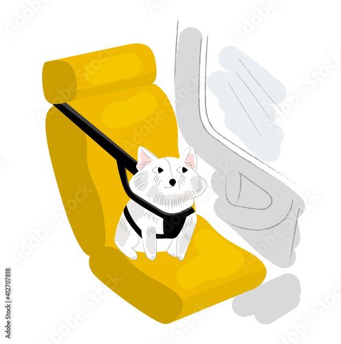 Vector isometric illustration small dog sitting in car auto seat, bag, with holding harness. Concept special holding device for safe transport pets.