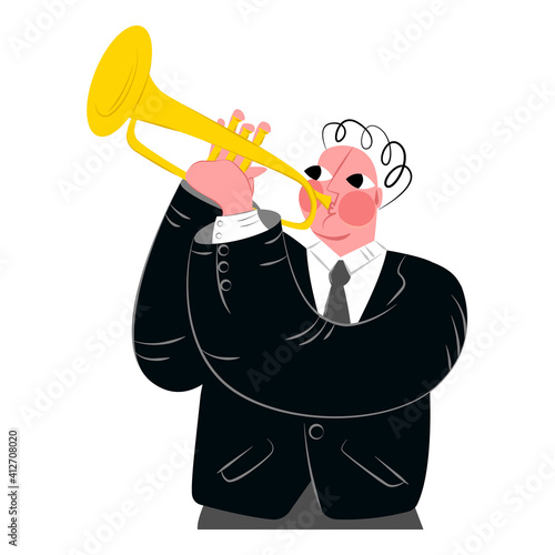 Vector flat isolated illustration with trumpeter, musician playing music, jazz. Concept performance, concert, classics, melodies.