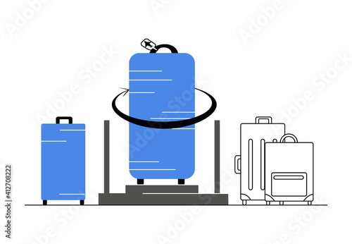 Vector flat illustration process packing Luggage in cellophane or other cover at airport. Background shows bags without and in cover, abstract element. Can be used in advertising, web design, etc.