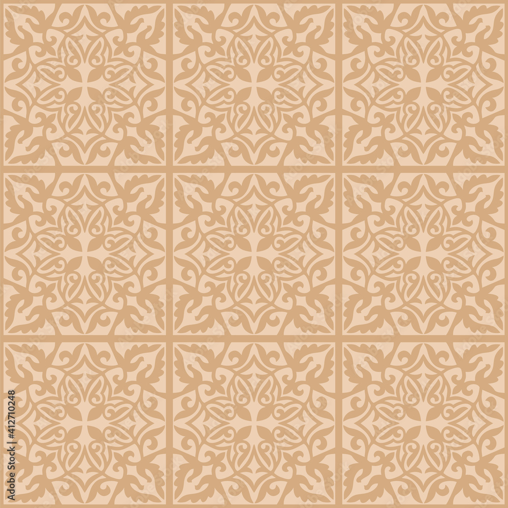 Seamless traditional ethnic Middle Asian, Kazakh or and arabian islamic vector pattern, damask ornate boho style vintage ornament in neutral beige colors for custom print and design.