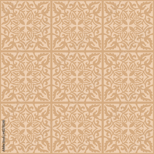 Seamless traditional ethnic Middle Asian, Kazakh or and arabian islamic vector pattern, damask ornate boho style vintage ornament in neutral beige colors for custom print and design.