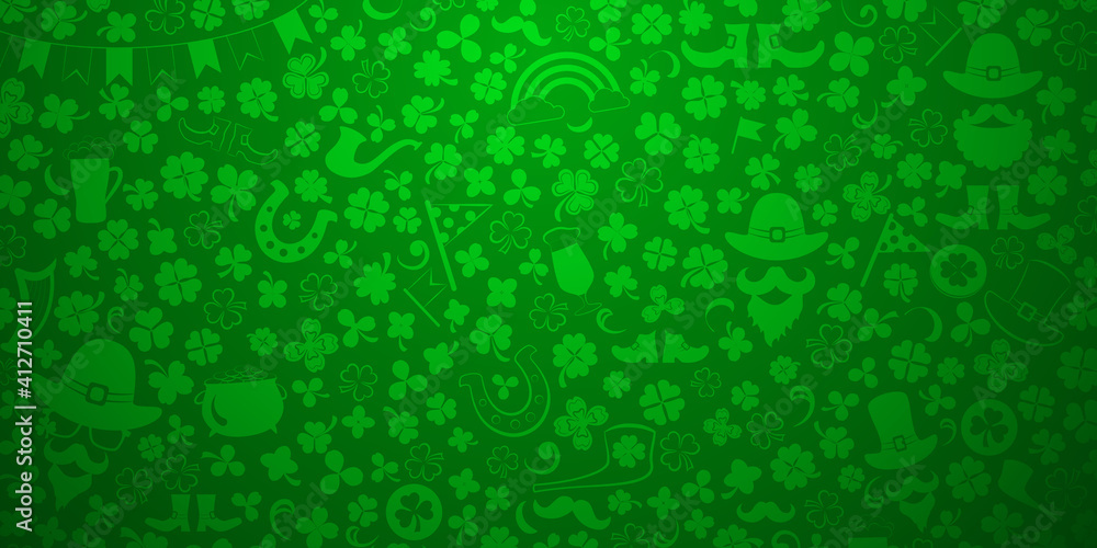 Background on St. Patrick's Day made of clover leaves and other symbols in green colors