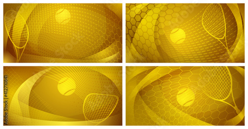Set of four abstract tennis backgrounds with ball and racket in yellow colors
