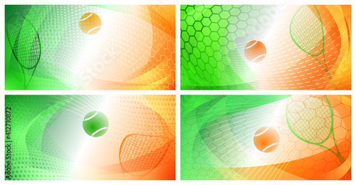 Set of four abstract backgrounds with ball and racket in colors of Grand Slam tournament, French Open tennis Roland Garros