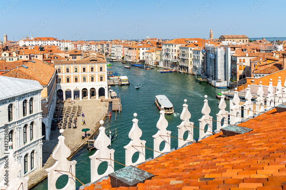 View of the Grand Canal from the roof terrace of the Fondaco dei Tedeschi, Venice, Italy