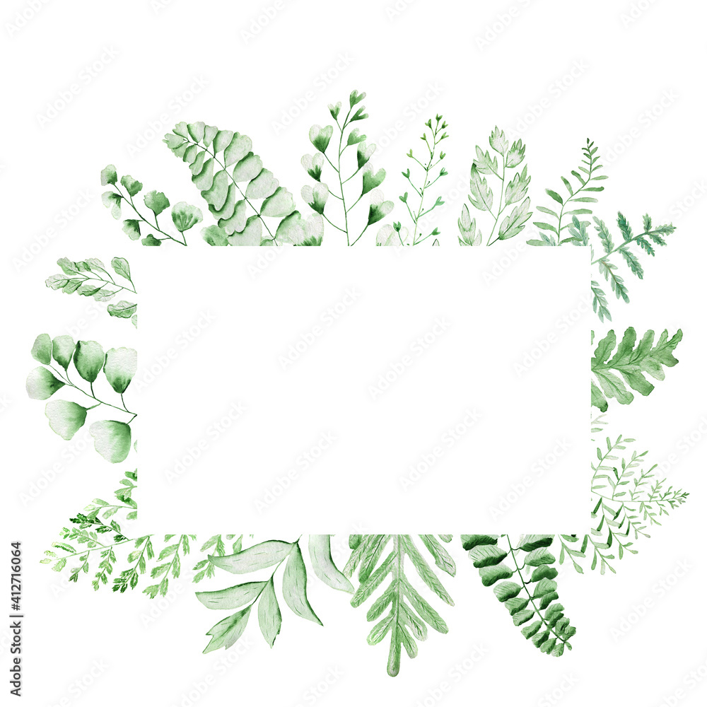 Greeting frames and wreaths. Watercolor greenery. Texture of the grass. Green twigs and leaves.