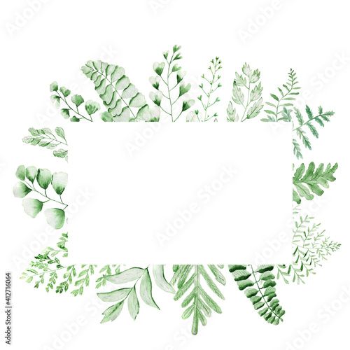 Greeting frames and wreaths. Watercolor greenery. Texture of the grass. Green twigs and leaves.