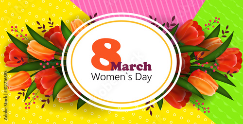 womens day 8 march holiday celebration sale banner flyer or greeting card with flowers and eight number horizontal vector illustration