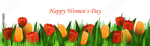 womens day 8 march holiday celebration lettering banner flyer or greeting card with flowers horizontal vector illustration