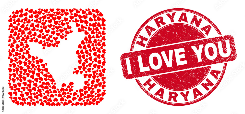 Vector mosaic Haryana State map of love heart elements and grunge love stamp. Mosaic geographic Haryana State map created as subtraction from rounded square with valentine hearts. Vector mosaic Haryana State map of love heart elements and grunge love stamp. Mosaic geographic Haryana State map created as subtraction from rounded square with valentine hearts.