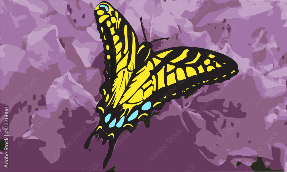 Black, yellow and blue butterfly in front of pink flowers as a vector illuatration