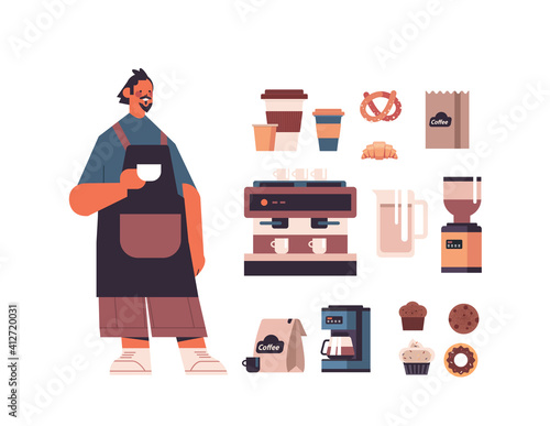 set coffee shop tools and accessories with male barista in uniform sweets and coffee collection full length isolated horizontal vector illustration