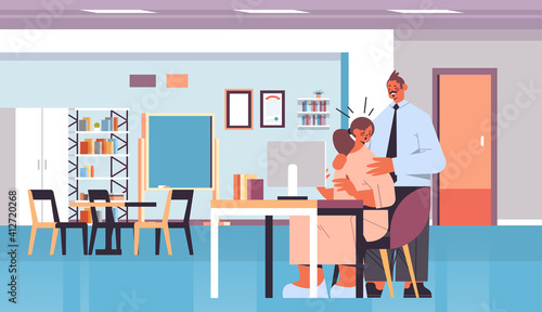 businessman molesting female employee sexual harassment at work concept lustful boss touching secretary's shoulders office interior horizontal full length vector illustration