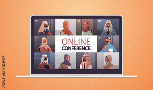 arabic doctors on laptop screen having medical video conference medicine healthcare online communication concept horizontal portrait vector illustration